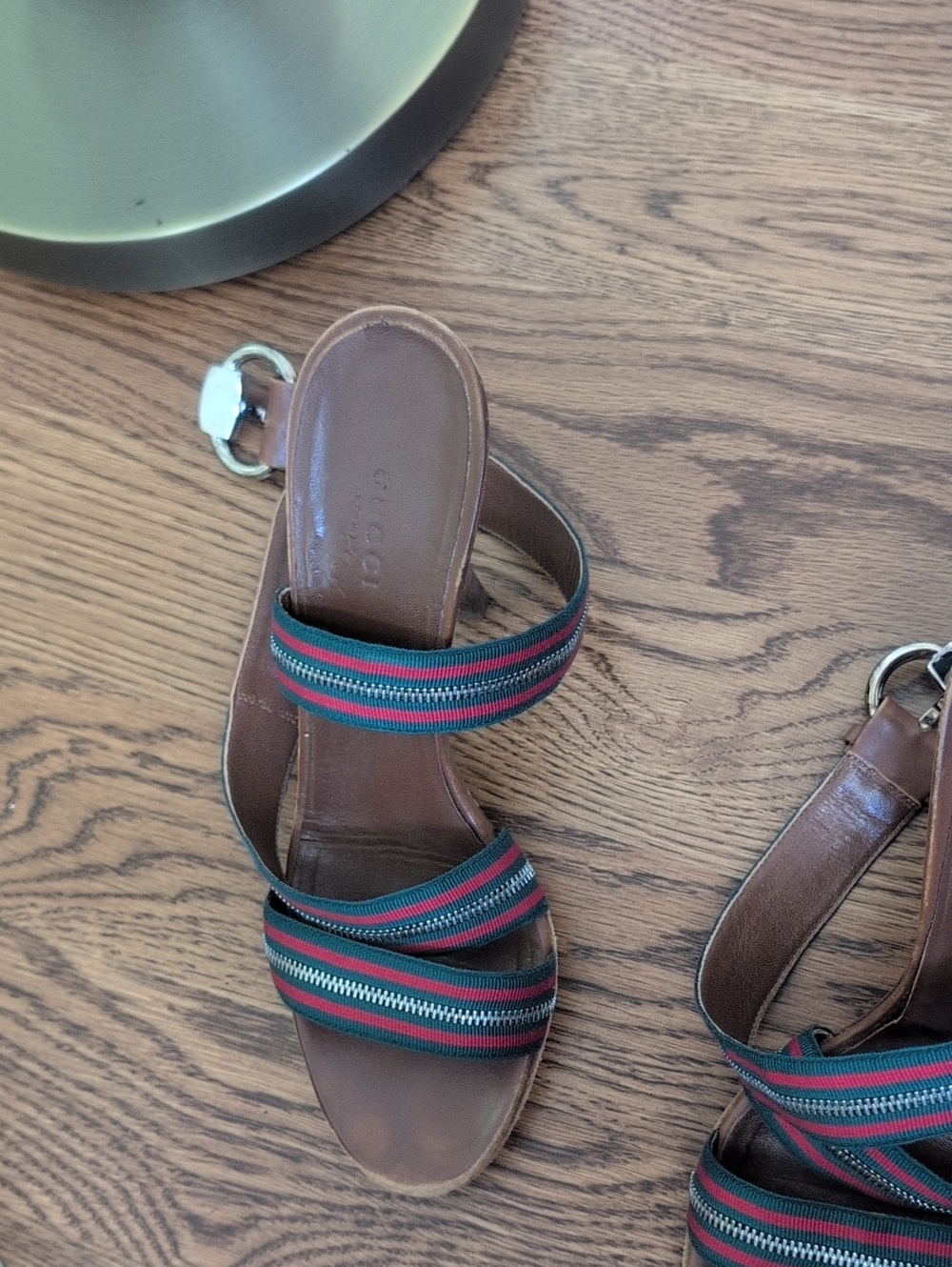 GUCCI RARE! Web Stripe Stilleto Heels Brown Leather Zipper Strap Detail - Women - Picture 7 of 12
